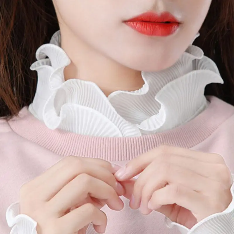 

Women Girls Sweet Double Layer Agaric Ruffles Stand Fake Collar Button Down Chiffon Bottoming Detachable Half-Shirt