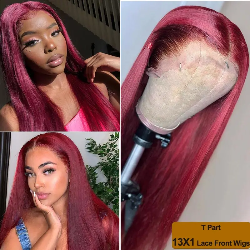 

Hot Red Straight Lace Front Human Hair Wig Burgundy 99j 13x1 Lace Part Front Wigs For Black Women Colored Red Wig Brazilian Remy
