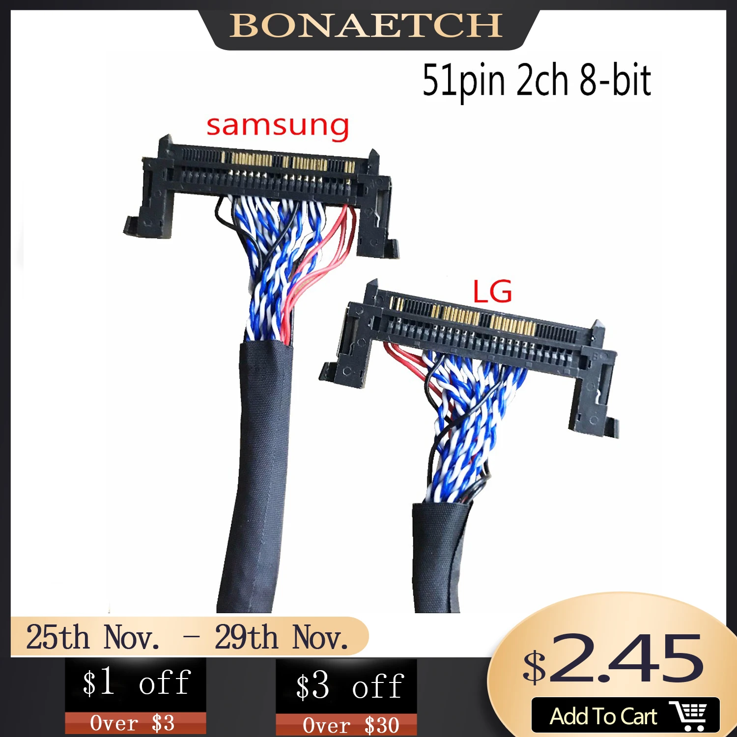 

51pin 2ch 8-bit Universal LVDS cable for samsung lg panel 45cm length