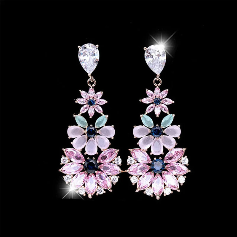 

Fashion Bohemia Fancy Pink Crystal Flower Dangle Earrings for Women Luxury Sterling Silver Drops Earrings Rococo Style Jewelry