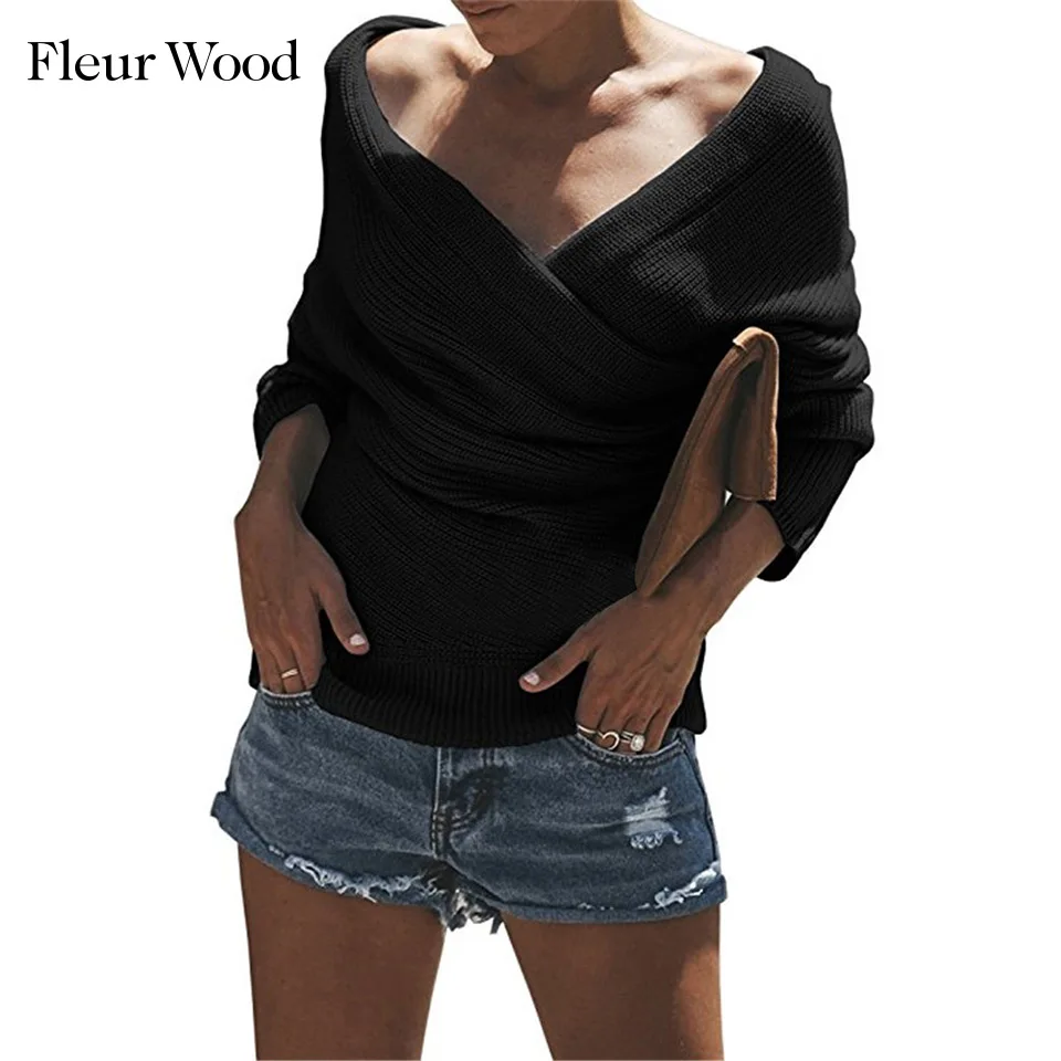 

Fleur Wood Women Sweaters Knitwear Off Shoulder Long Sleeve Sexy Deep V-Neck Pullover Long Sweaters Casual Loose Plus Size Sweat