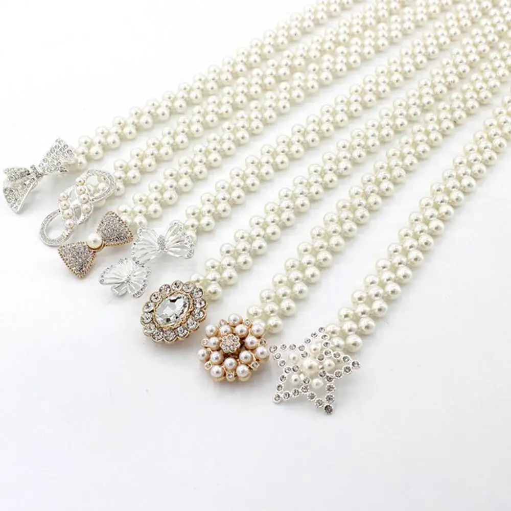 

Alloy Buckle Dress Waistband Elegant 1Pcs Waist Chain Four Rows Pearls Bling Crystal Elastic Stretch Pearls Belt Decorative Belt