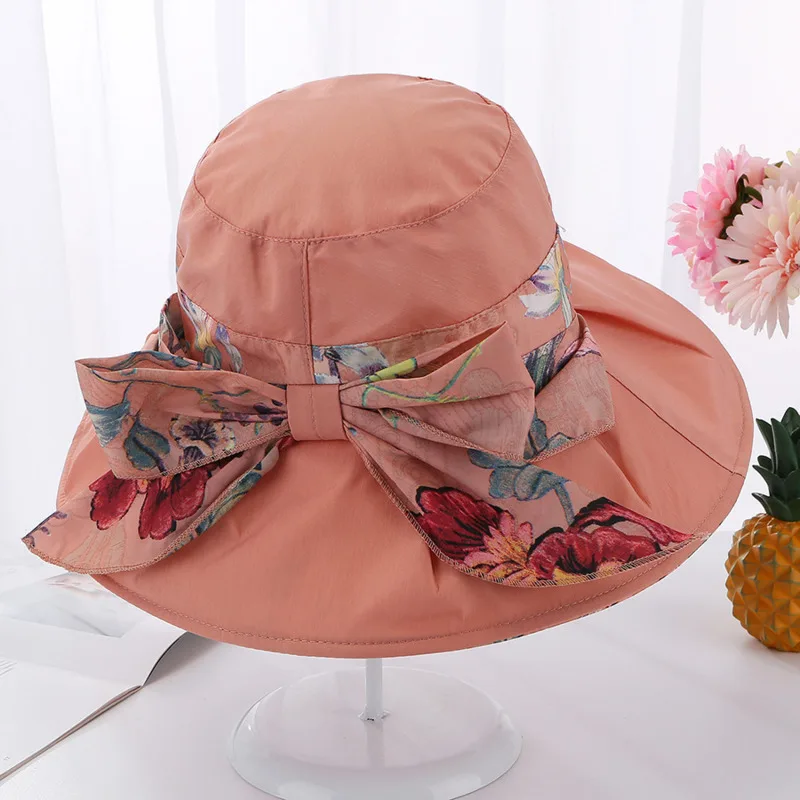 

2020 Summer New Female Eelegant Bow Wide Brim Sun Hats Cotton Foldable Printing Anti-UV Beach Hat Women Bucket Hat Fisherman Hat