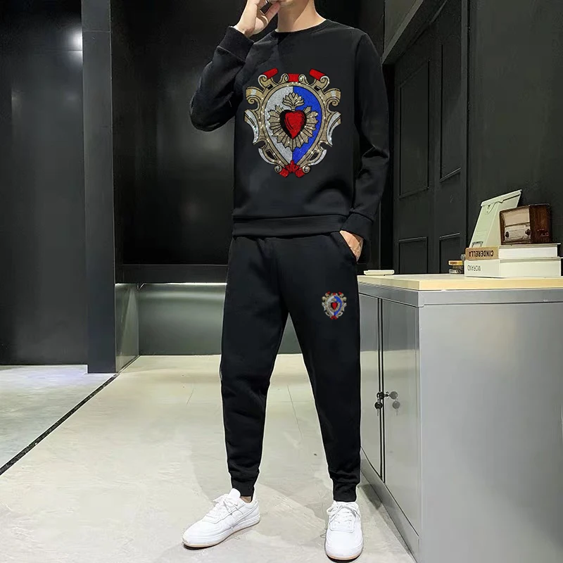 

New Autumn And Winter Plus Velvet Men's Track Suit Slim Hot Diamond Letter Sets Fashion Personality Brand Sweatshirt