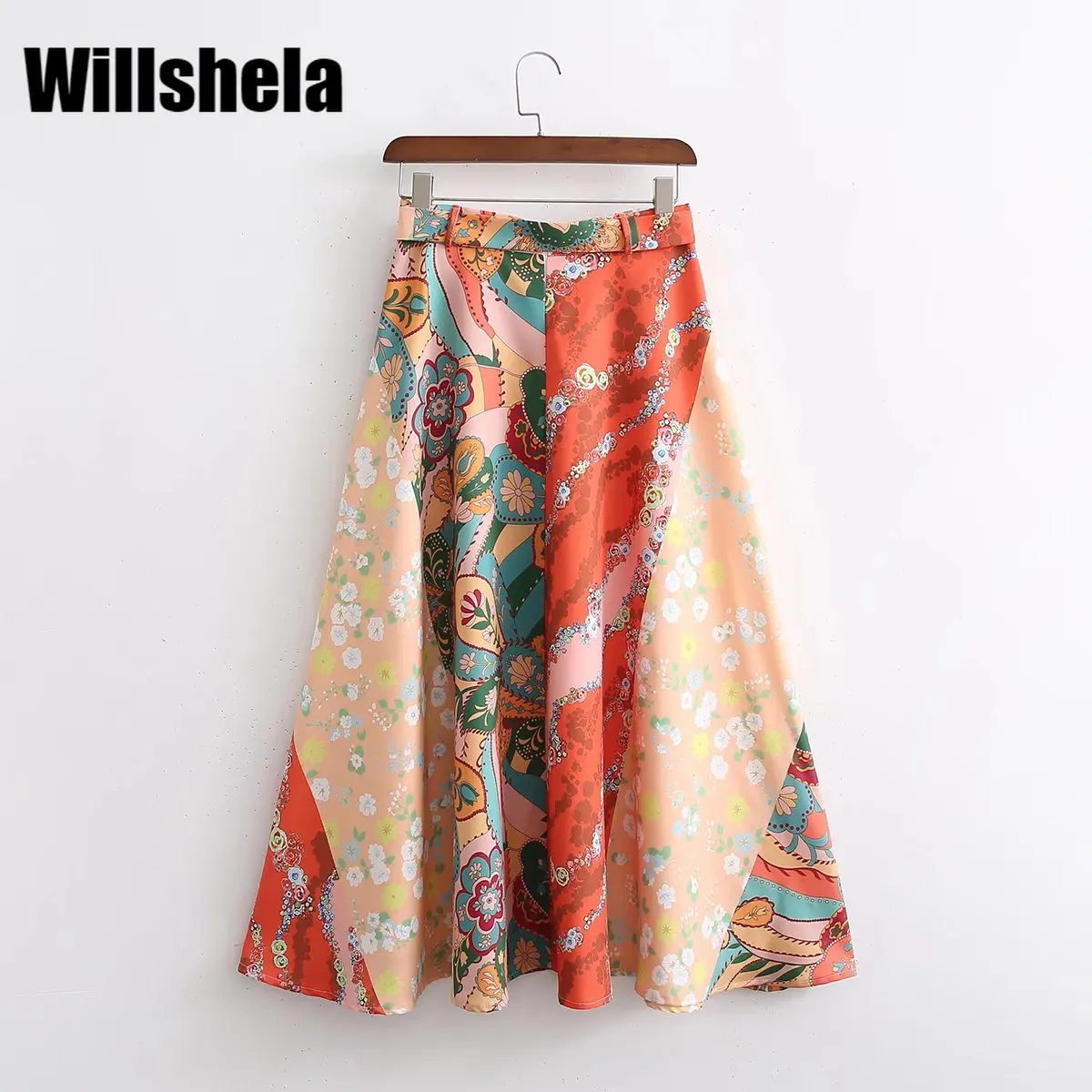 

Willshela Женская винтажная юбка с цветочным принтом, с поясом, расклешенный подол, высокая талия, невидимая молния, шикарная Женская Повседневн...