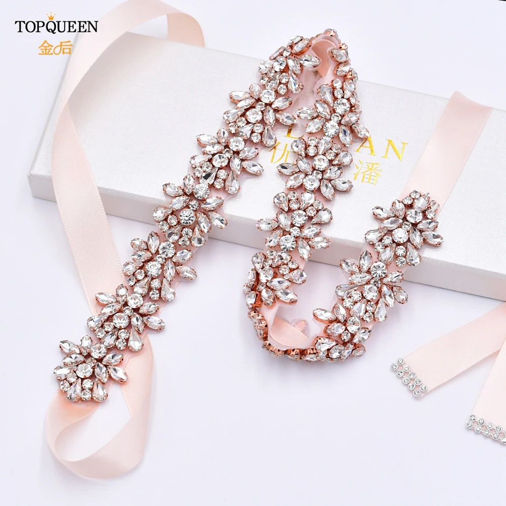 

Пояс для невесты TOPQUEEN, свадебный пояс с бусинами, украшенный S269-RG розами, аппликация Золотая со стразами, свадебное платье с поясом