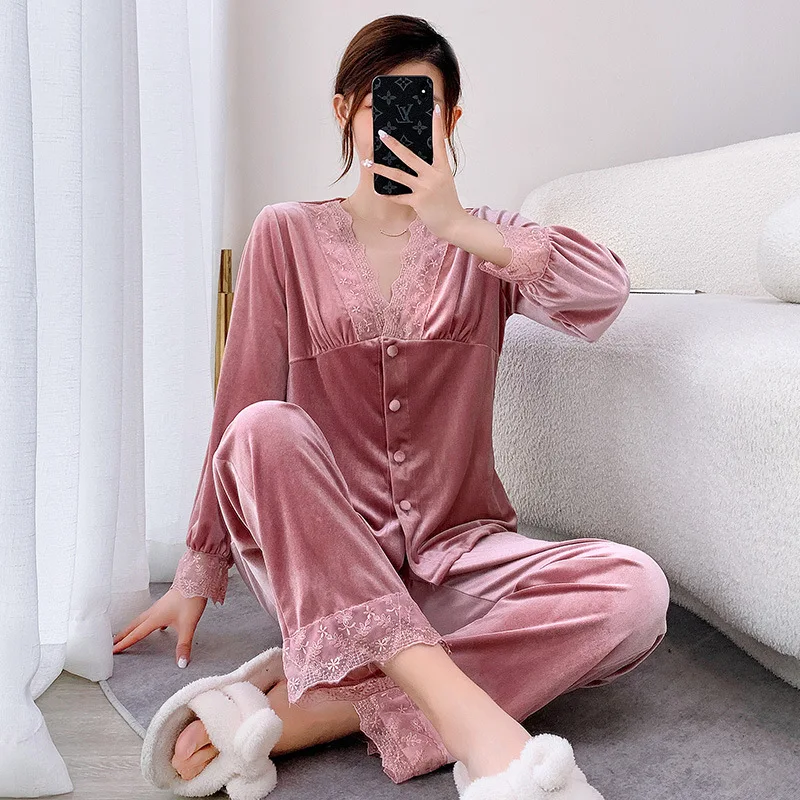 

Комплект пижамный женский с V-образным вырезом, повседневная одежда для сна, цвет Бургунди, домашняя одежда, новый велюровый пижамный компле...