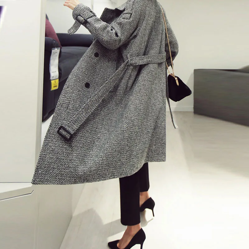 Корейское длинное шерстяное пальто с узором гусиная лапка элегантное женское