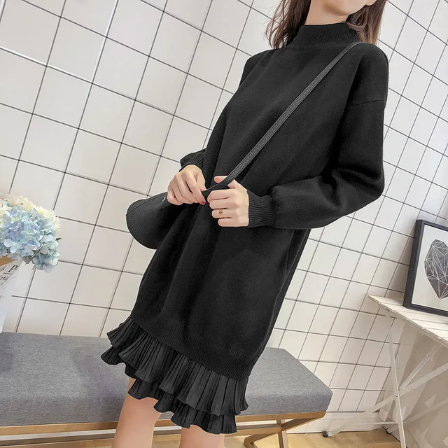 

Sweater Dress Women Winter Knitted Cashmere Long Sleeve Korean Woman Split Pleated Dresses Lady Vestidos Female Clothes