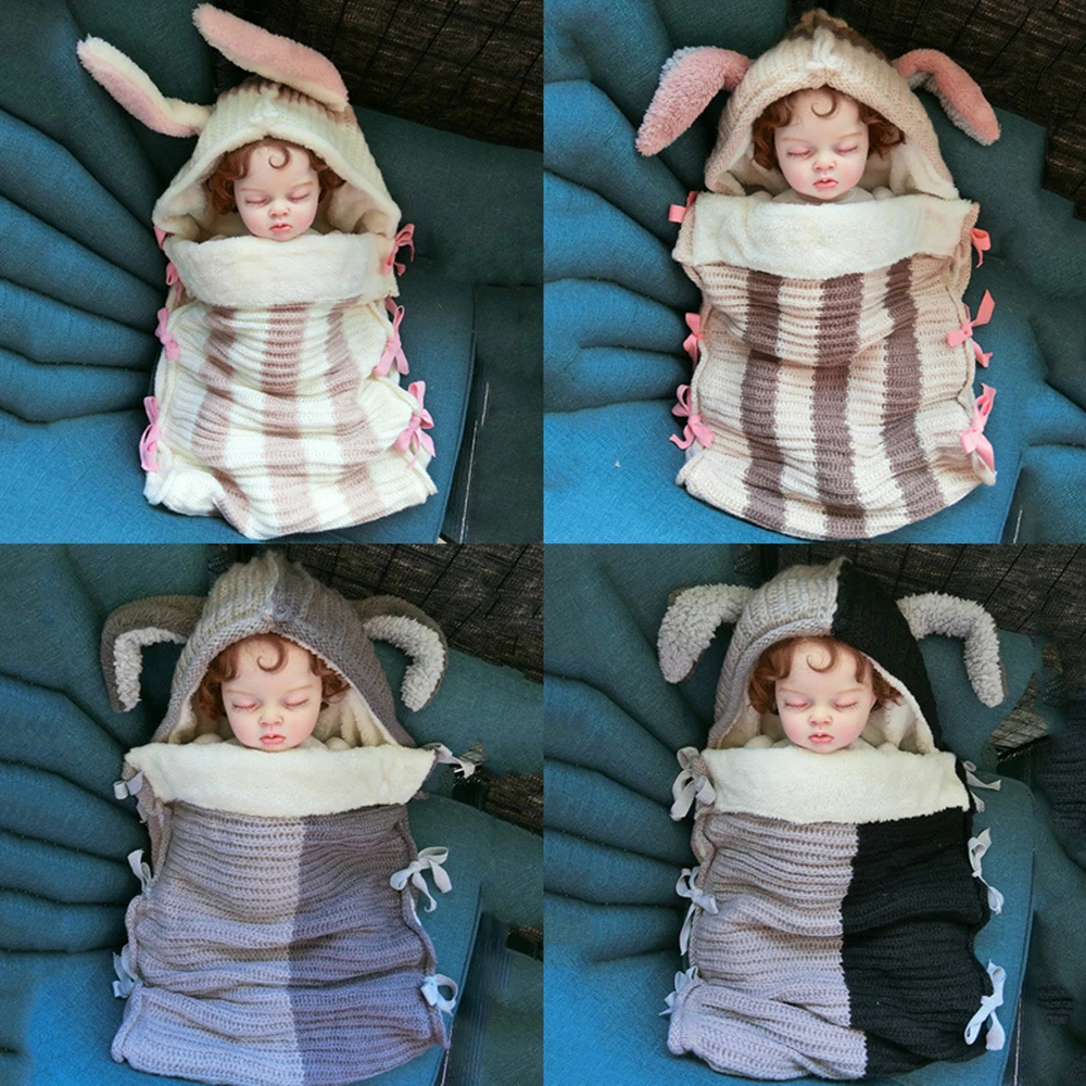 

Baby Blanket Swaddle Sack Cute Rabbit Ear Sleeping Bag Adjustable Quilted Velvet Knitted Patchwork Warm Newborn Blanket Quilt