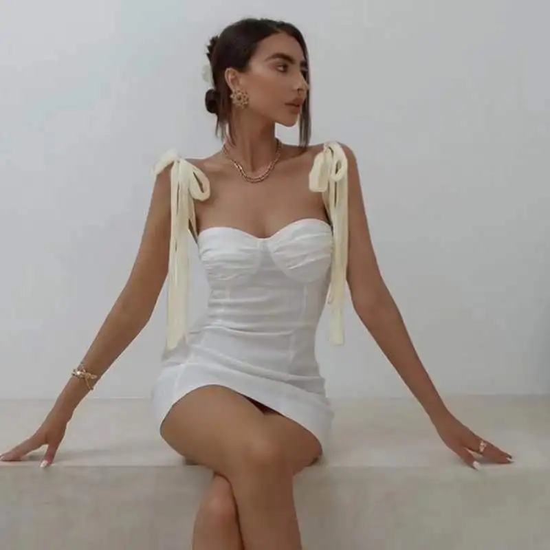 

BaoZhuo Fashion Elegant Bow Prom Dresses 2021 Boho Sexy Sleeveless Summer Party White Bodycon Short Dress Women Vintage