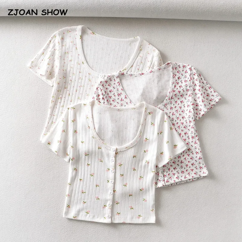 

Harajuku 70s Vintage O neck Floral Short Sleeve Tee Base T-shirts Summer Girl Single-breasted Button Short T-shirt crop top