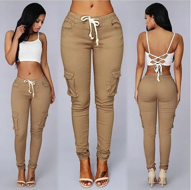 

FAKUNTN 2021 Spring Lace Up Waist Casual Women Pants Solid Pencil Pants Multi-Pockets Straight Slim Fit Trousers S-2XL