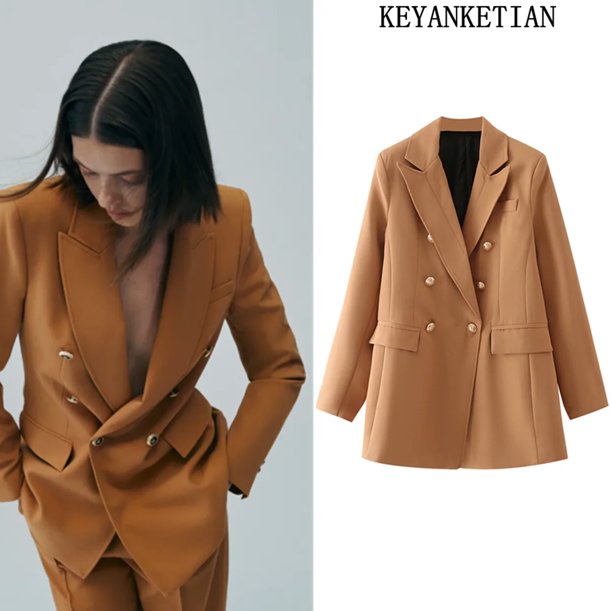 

KEYANKETIAN ZA Women's blazer camel-colored metal buttons double-breasted pocket dress jacket office lady blazer top