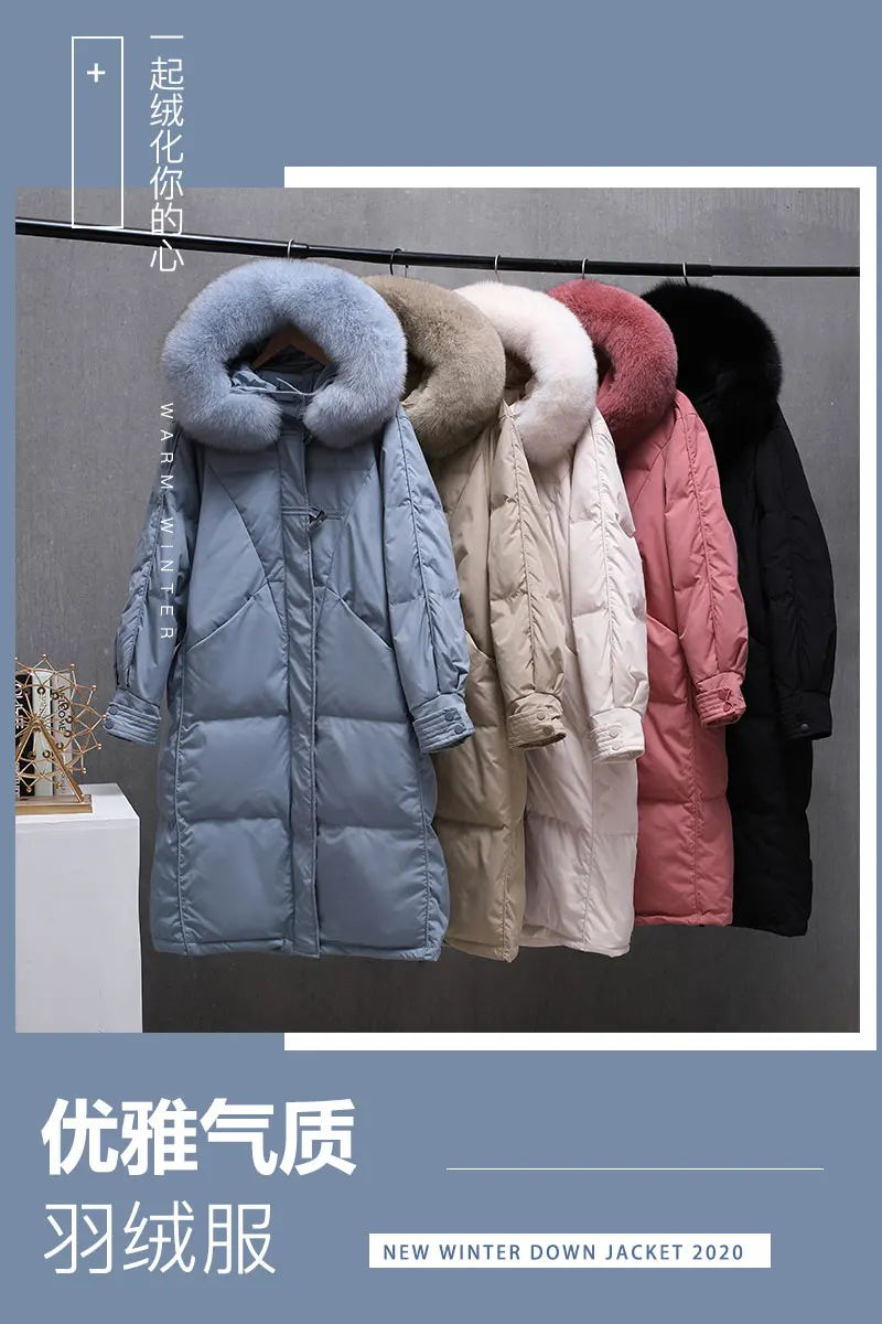 

Big Fur Female Parkas 2020 New Winter Warm Outwear Thick Medium-long Horn Button Zipper White Duck Down Coat Hooded Jacket Women