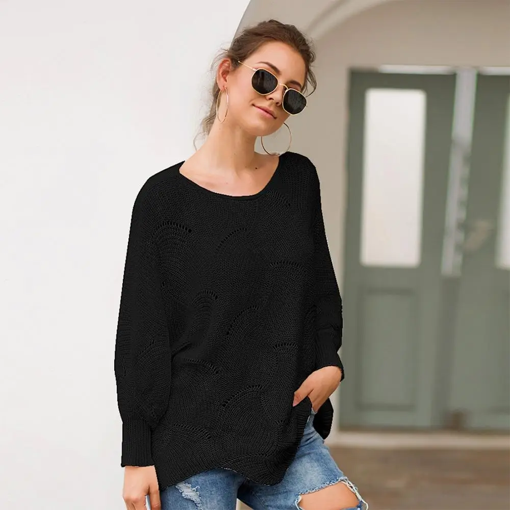

Women Loose Sweater Cloak Causal Soft Lantern Sleeve Hollow Out Pullovers Fashion Knitted O Neck Wave Hem Solid Female Sweaters