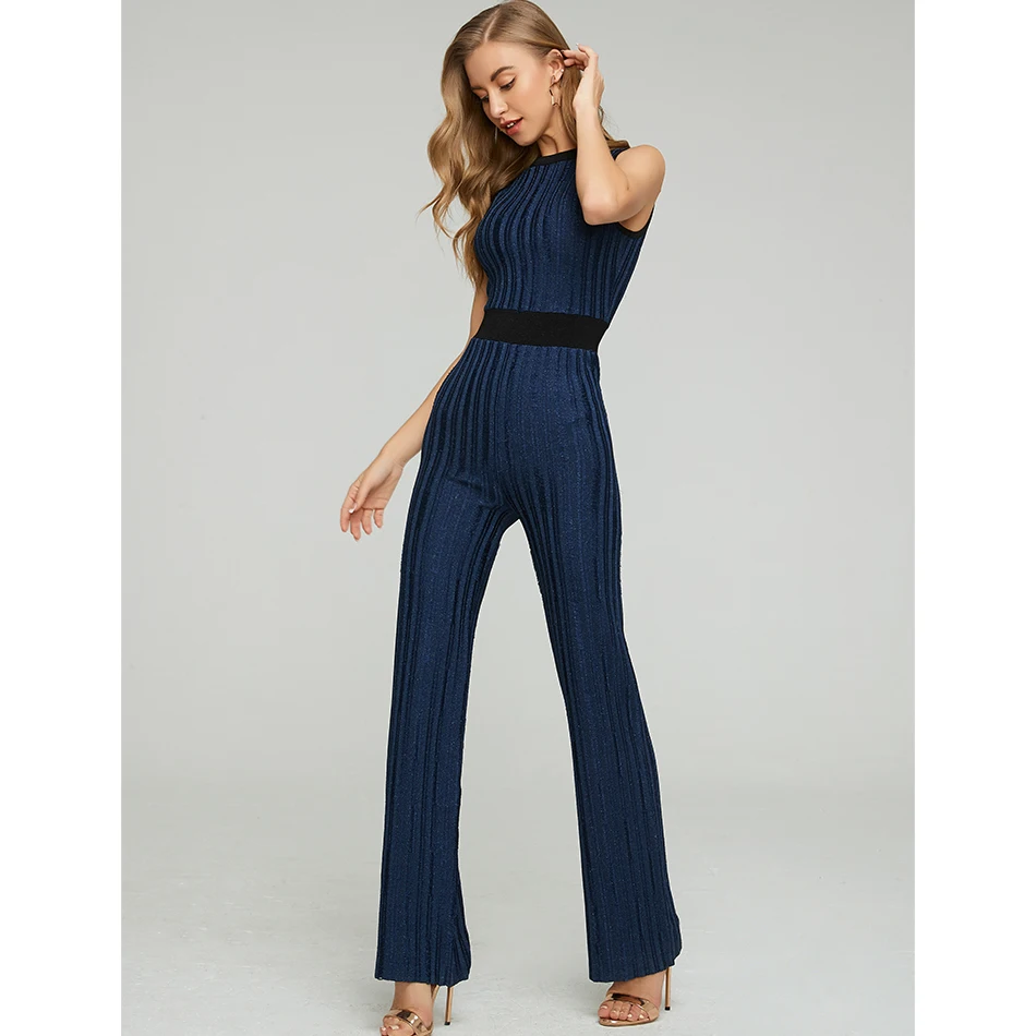 Повседневный длинный комбинезон 2019 летний с круглым вырезом облегающий