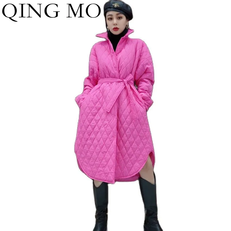 

QING MO Spring Fashion Solid Color Cotton Coat Windbreaker Jacket Women 2022 New Loose Adjustable Waist Female Jacket ZWL898