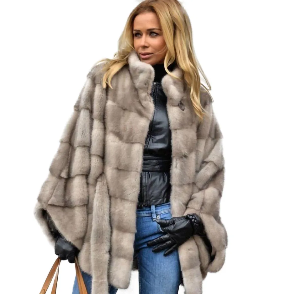 TOPFUR Real Mink Fur Women's Jackets Bat Type Gray Female Soft Fur Coat With Stand Up Collar Fashionable Overcoat Natural