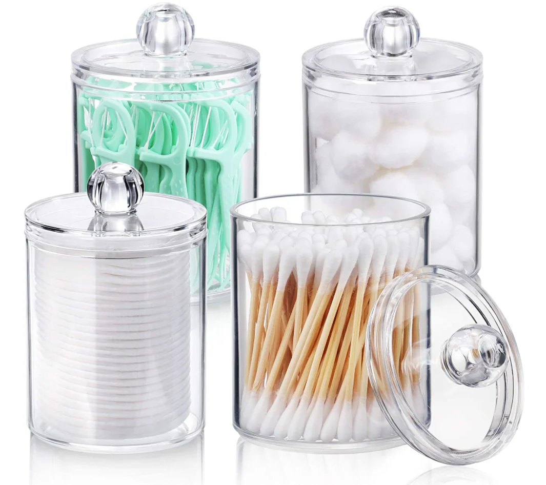 

Clear Plastic Qtip Holder Dispenser Apothecary Jar Set, for Cotton Ball, Swab, Round Pads, Floss (10oz 4Pack)​