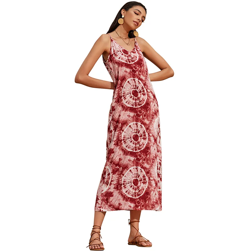 

Sexy Deep V Neck Spaghetti Strap Midi Boho Dress for Women Kawaii Girls Summer Sleeveless Tie Dye Bohemian Midi Dress Plus Size