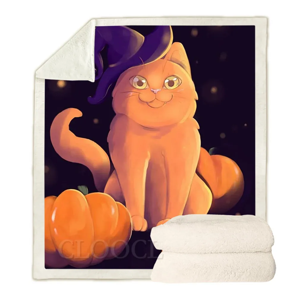 

HX Halloween Blankets Cat Fat Orange Cat Pumpkin 3D Printed Blanket Festival Party Gifts Funny Keep Warm Plush Quilts