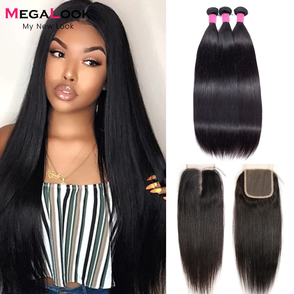 Прямые пряди волос с закрытием перуанские 100% Remy Megalook человеческих 3|3/4 пучка на