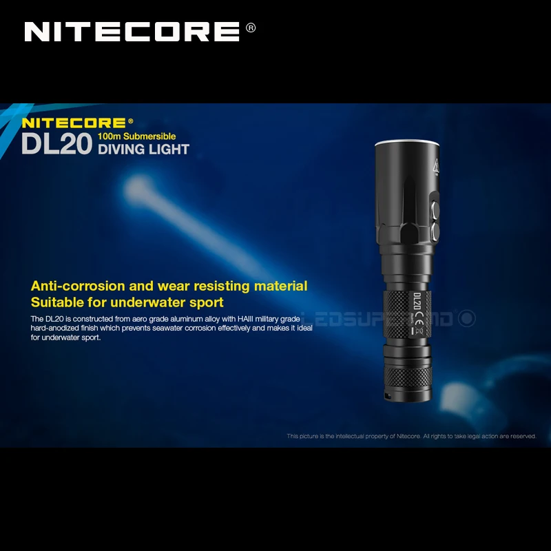 100 метров погружной ультра водонепроницаемый фонарик NITECORE DL20 1000 Люмен двойной источник света для подводного спорта