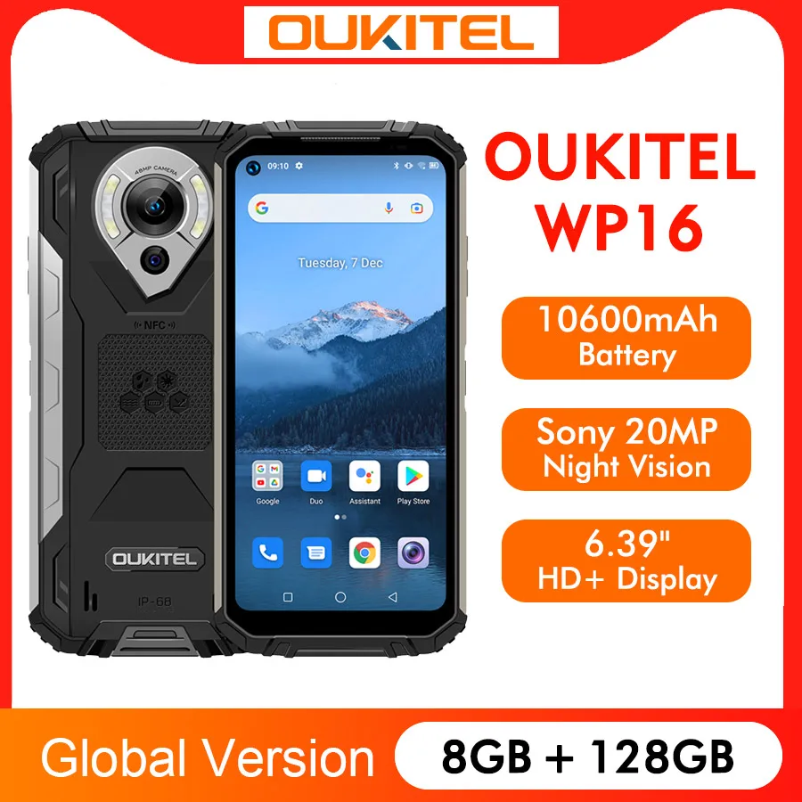 Смартфон глобальная версия OUKITEL WP16 4G 6 4 дюйма 8 + 128 ГБ 10600 мА · ч 8-ядерный камера 20 МП
