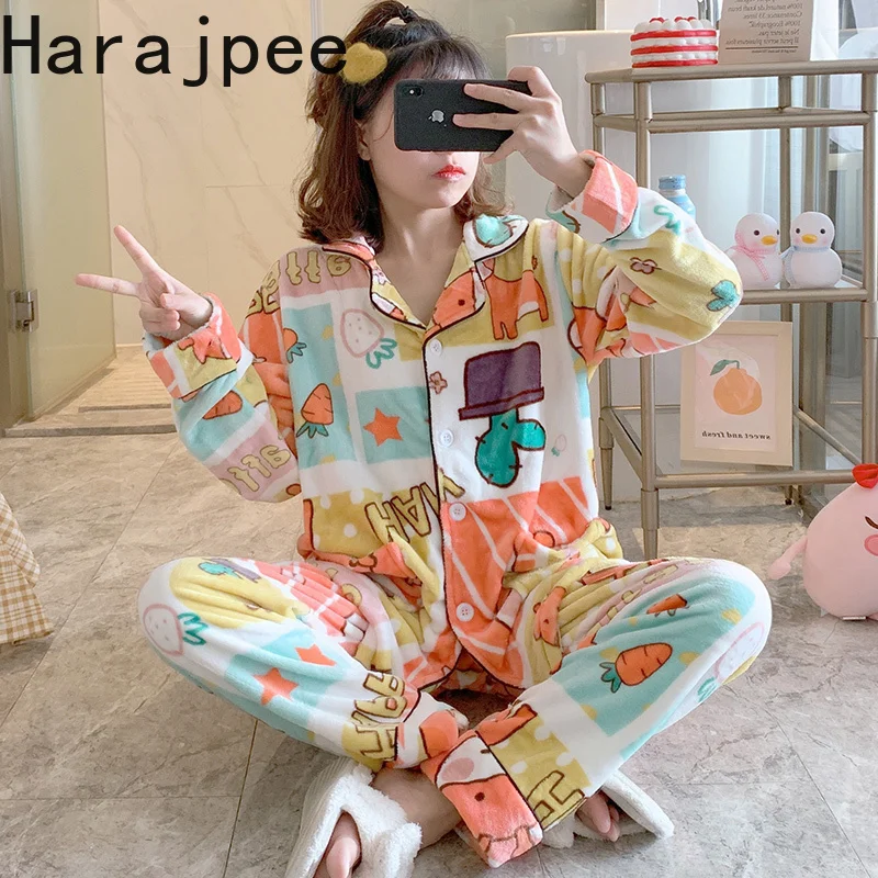 

Harajpee Coral Velvet Pajamas Women's Autumn and Winter Thickened Flannel Radish 2021 New Loose Student Home Suits Leisure