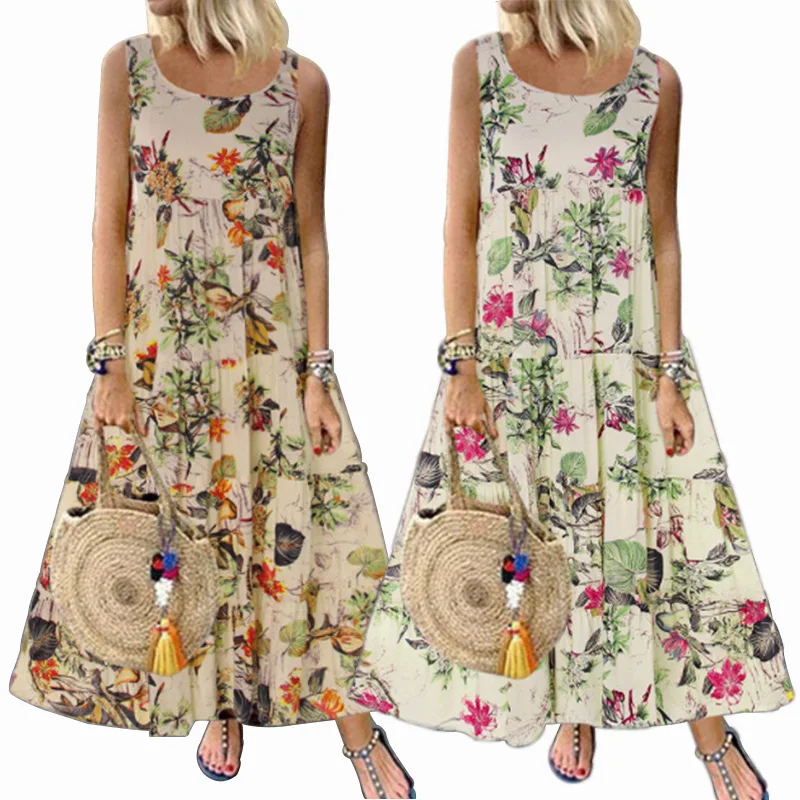 

Women's Dresses Plus Size Boho Beach O Neck Floral Print Dress Feminine Summer Vintage Sleeveless Long Maxi Dress Vestidos 2021