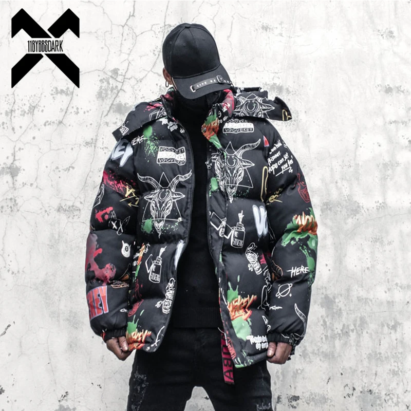 

11 BYBB'S DARK Hip Hop Winter Parka Jacket Streetwear Men Graffiti Print Hoody Padded Thick Coats 2021 Harajuku Parkas WB502