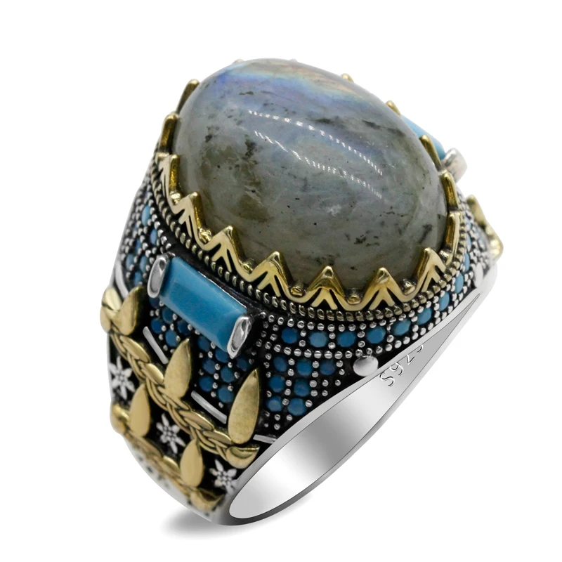 

Oval New Natural Labradorite 925 Sterling Silver Men's Ring Claw Setting Design Popular Punk Style Men's Ring Jewelry Ring Gift