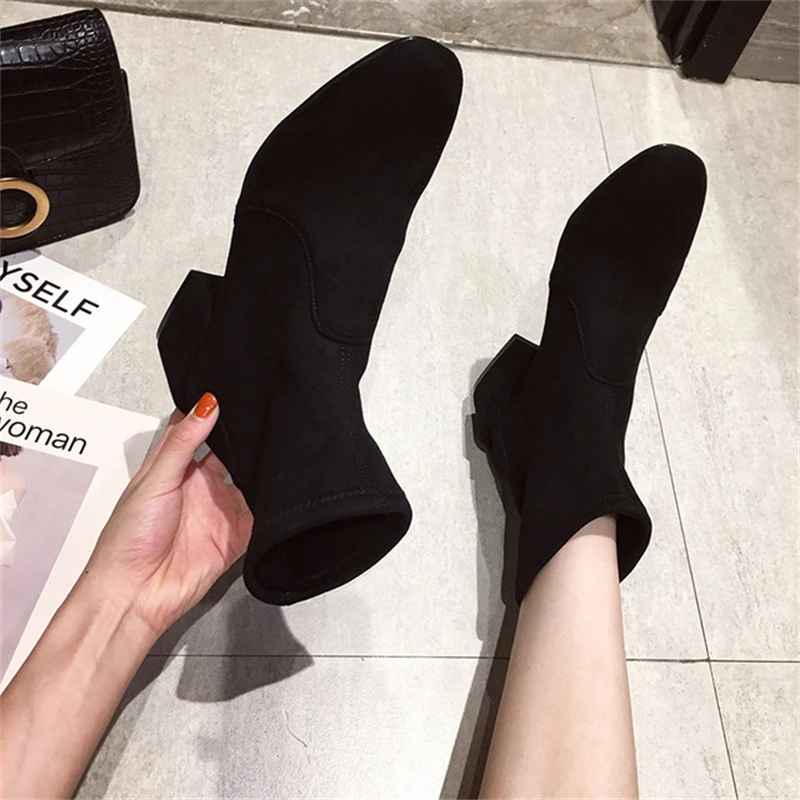 

Women's boots 2021 autumn and winter new style Chelsea British style short boots square toe elastic boots mid-heel women's boots