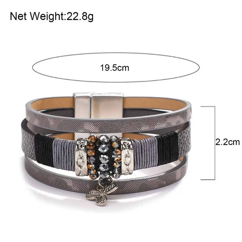 

ALLYES Boho Crystal Beads Leather Bracelets for Women Metal Charm Wide Multilayer Wrap Bracelet Female Jewelry