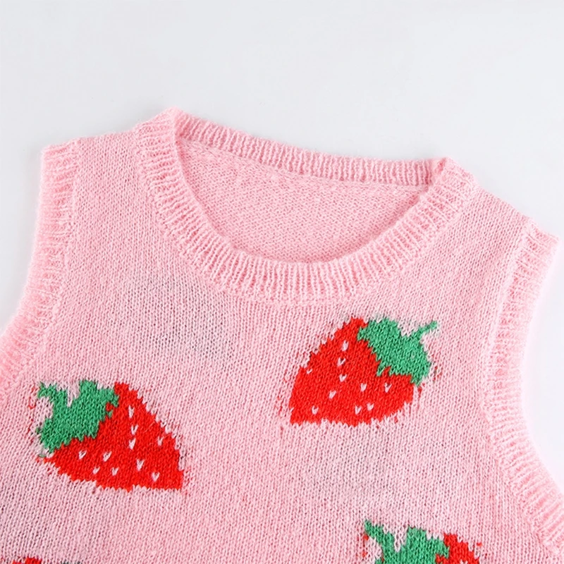 

Women Sweet Strawberry Knitted Pink Vest Sleeveless Round Neck Slim Fit Sweater Autumn Student Preppy Style Cropped Tank Top Str