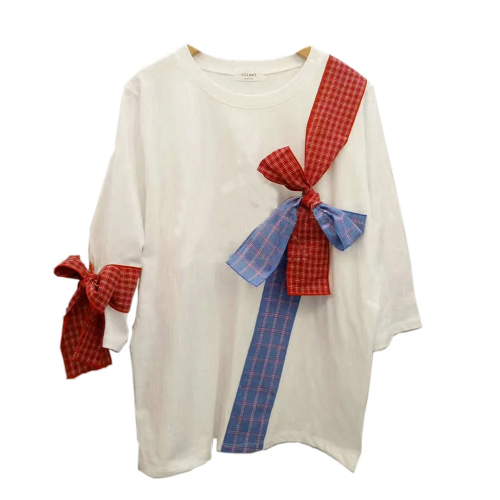 

Patchwork Bow White Short Sleeve O-Neck Cotton T Shirt Woman Casual Baggy Loose S-XL Tops Comfortable Summer Clothes For Women