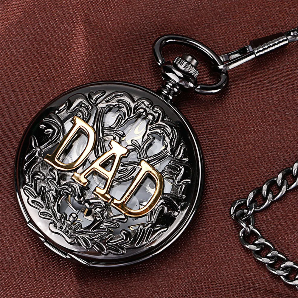 Hollow Golden DAD Retro Black Manual Mechanical Pocket Watch Men Arabic Numerals Display Pendant Antique Hand Winding Clock