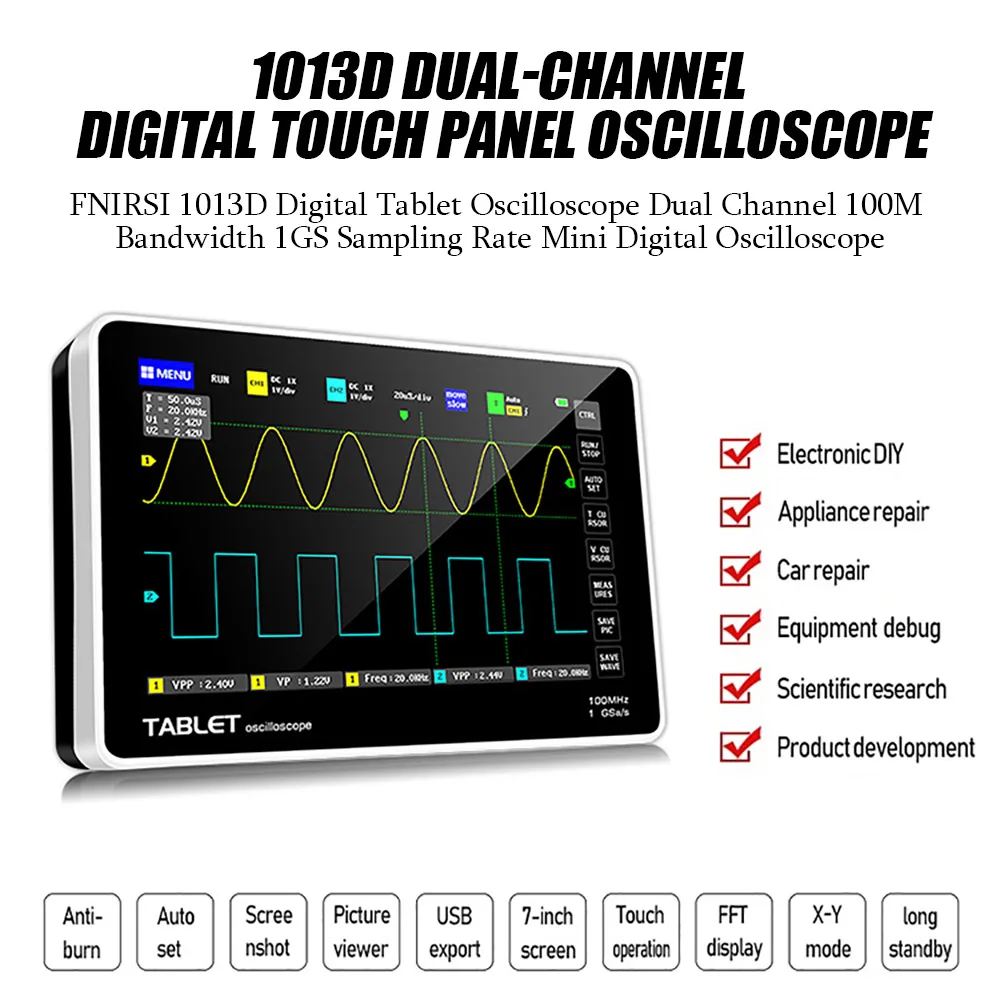 

Цифровой планшетный осциллограф FNIRSI-1013D, двухканальный, полоса пропускания 100 м, частота дискретизации 1GS, цифровой мини-осциллограф