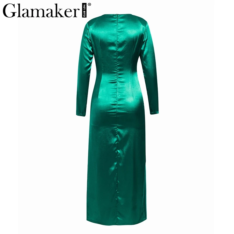Glamaker, зеленое, сексуальное, сатиновое, макси, зимнее платье, женское, с длинным рукавом, с вырезом, с разрезом, осеннее платье, элегантное, длинное, облегающее, женское платье