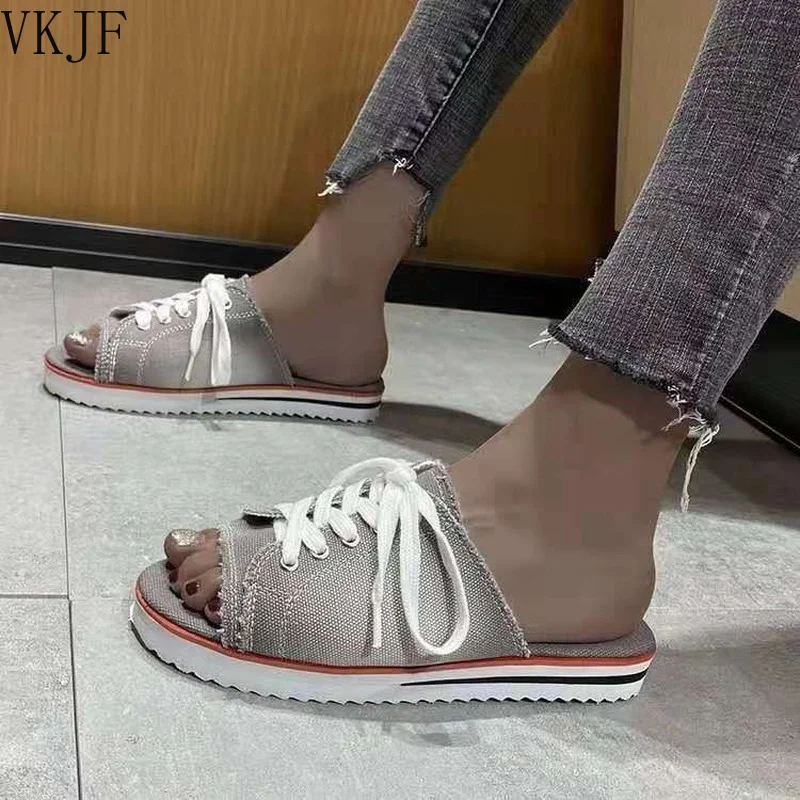 

New 2021 Ladies Peep Toe Flat Slipper Women Canvas Woman Lace Up New Women's Casual Female Fashion Denim Beach Shoes Plus Size