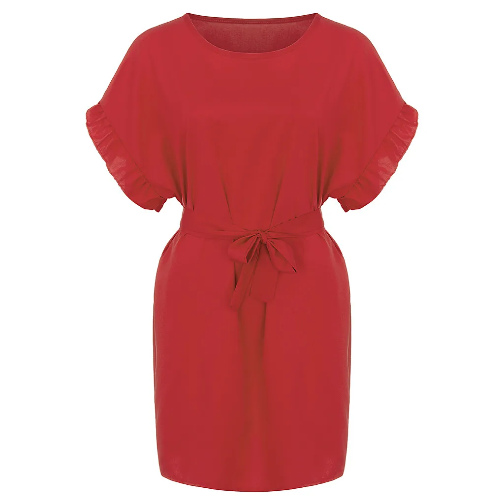 CHAMSGEND Dress Women Fashion Butterfly Short Sleeve Loose Summer Large Size O-Neck Solid Casual Belt Vestidos F228 | Женская одежда