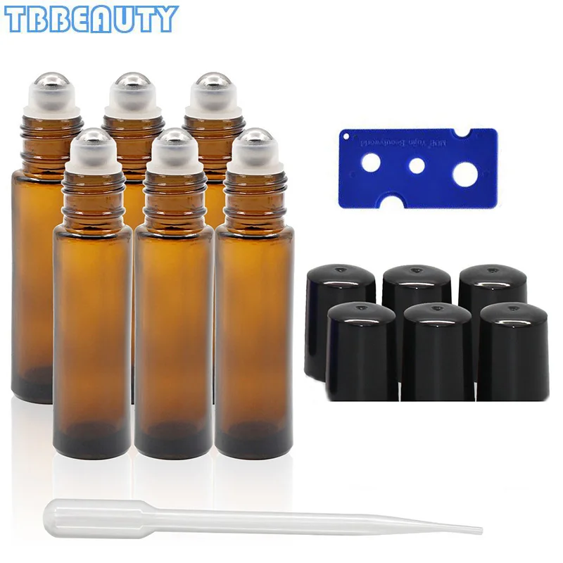 

True Aroma 6 pcs 10ml Refillable Glass Perfume Bottle Amber Glass Roller Bottles with Stainless Steel Roller Ball for Essential