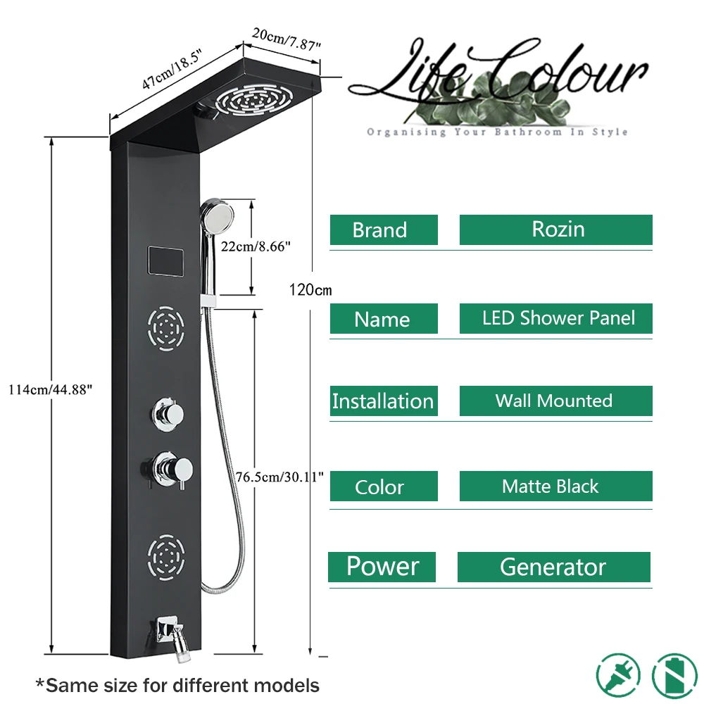 Description Picture 3 of itemRozin LED Bathroom Shower Faucet with LCD Black Rainfall Shower Panel Wall Mounted 5 Mode Massage Jet Shower Column Mixer Tap