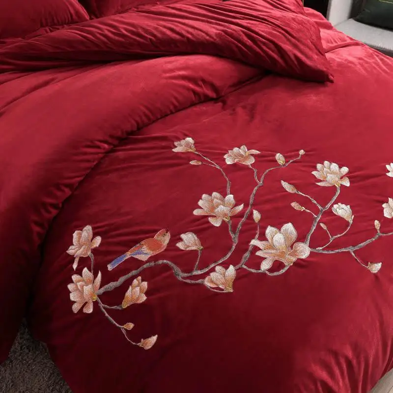 J1 зимний флисовый комплект постельного белья с цветочной вышивкой Птицы