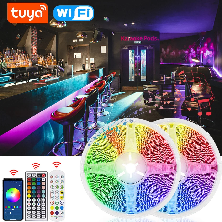 

Умная лента с Wi-Fi Tuya, 12 В постоянного тока, 5050 RGB, светодиодная подсветка, изменение цвета, пульт дистанционного управления, украшение для спа...