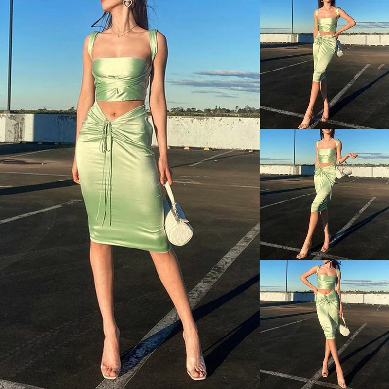

Sexy Satin Party Women's Vest Lace-Up Cross Crop Tops Mid-Length Skirt Set