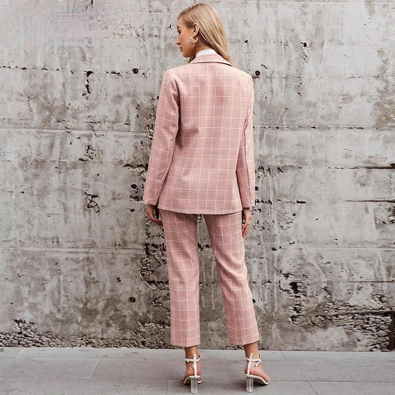 

Fashion plaid women blazer suits Long sleeve double breasted blazer pants set Pink office ladies two-piece blazer sets