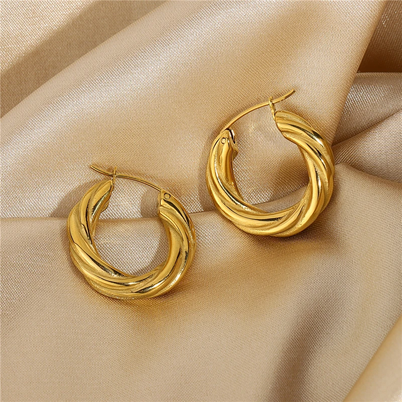 

French Style Gold Plated 20mm Unique Circle Hoop Earrings 316L Stainless Steel Bold Twist Earrings For Women Jewelry Gifts