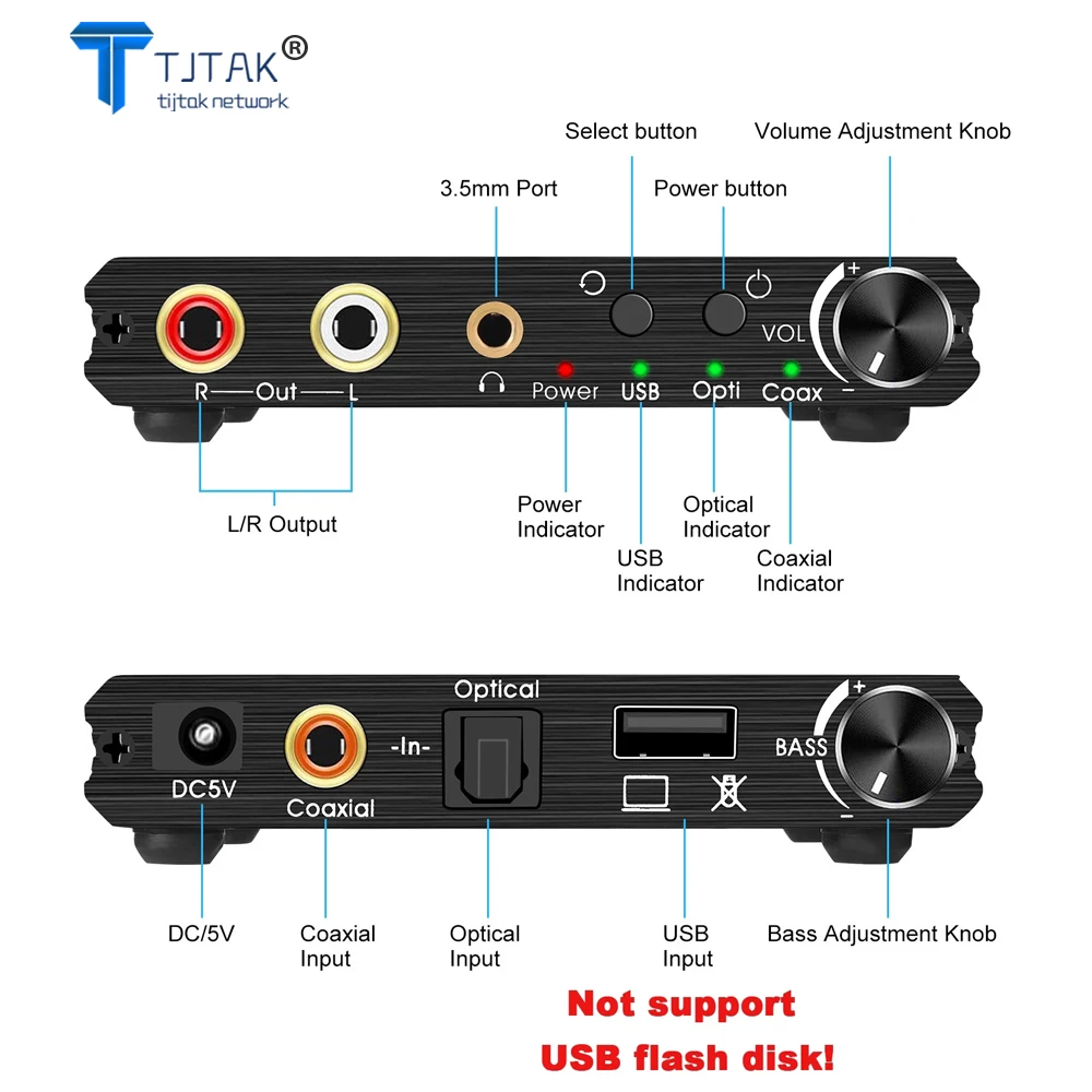 

USB DAC 192kHz 24Bit Digital to Analog Converter with Bass&Volume Control Coaxial Toslink to Analog Stereo L/R RCA